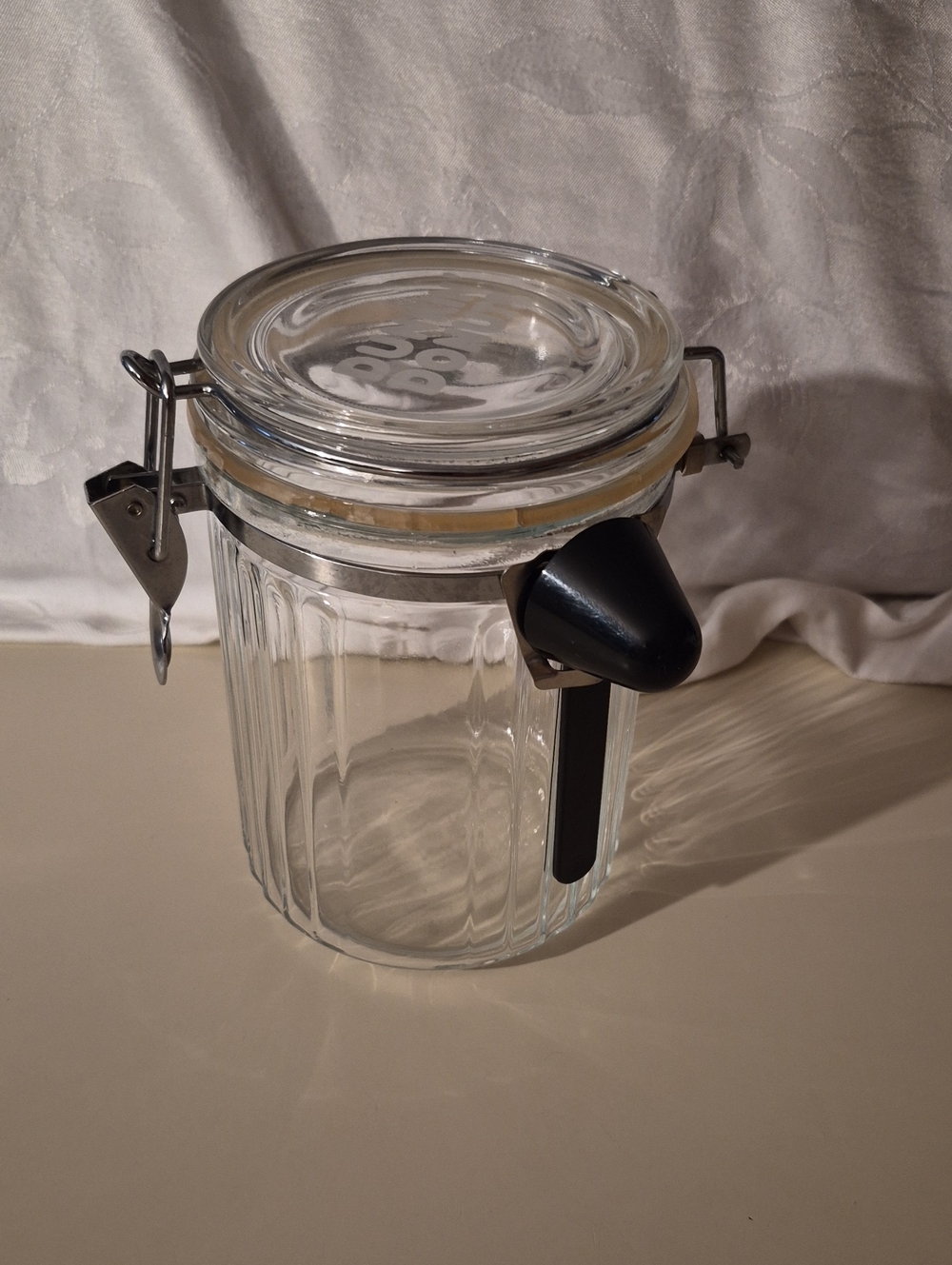 Vintage Dunkin Donuts Clear Glass Coffee Storage Jar with Black Scoop